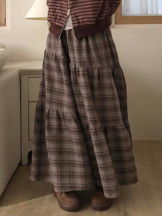 Vintage Campus Check Tiered Elastic Maxi Skirt