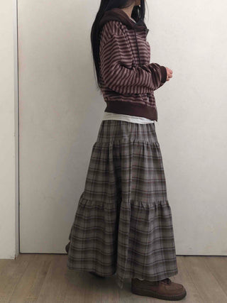 Vintage Campus Check Tiered Elastic Maxi Skirt