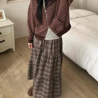 Vintage Campus Check Tiered Elastic Maxi Skirt