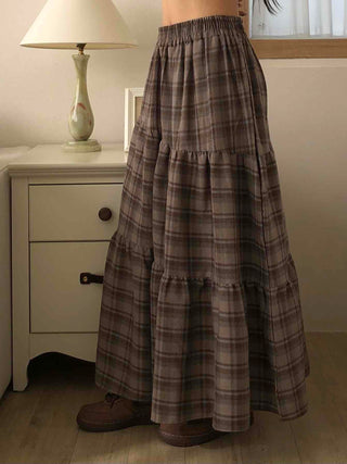 Vintage Campus Check Tiered Elastic Maxi Skirt