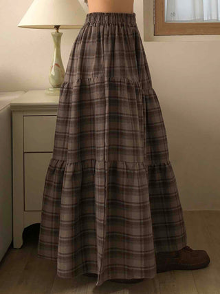 Vintage Campus Check Tiered Elastic Maxi Skirt