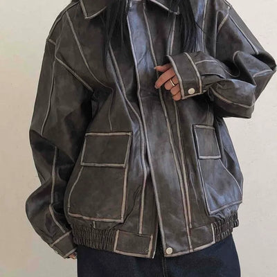 Stitch Detail Big Pocket Rider Faux Leather Jacket