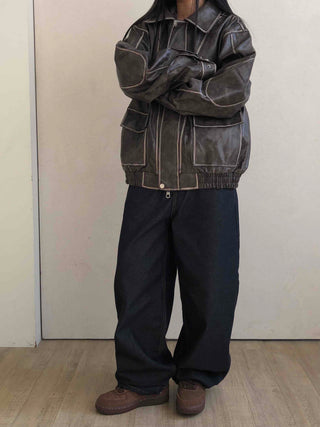 Stitch Detail Big Pocket Rider Faux Leather Jacket