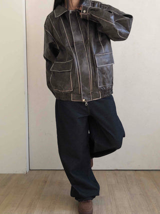 Stitch Detail Big Pocket Rider Faux Leather Jacket