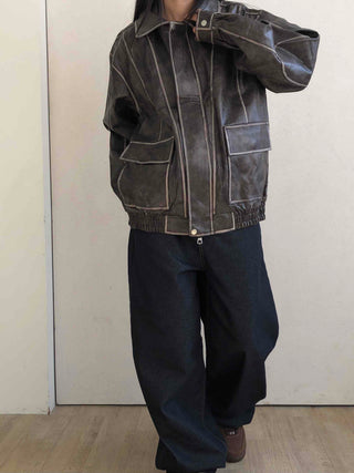 Stitch Detail Big Pocket Rider Faux Leather Jacket