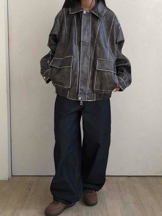 Stitch Detail Big Pocket Rider Faux Leather Jacket