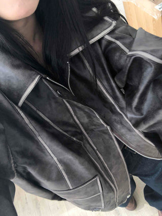 Stitch Detail Big Pocket Rider Faux Leather Jacket