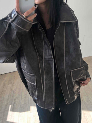 Stitch Detail Big Pocket Rider Faux Leather Jacket