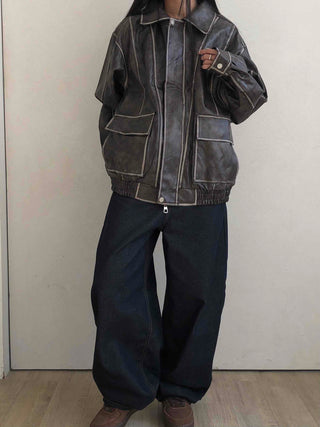 Stitch Detail Big Pocket Rider Faux Leather Jacket