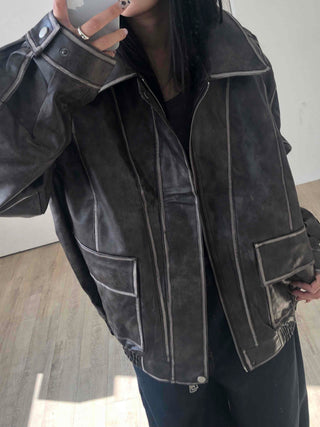 Stitch Detail Big Pocket Rider Faux Leather Jacket