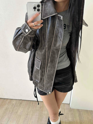 Stitch Detail Big Pocket Rider Faux Leather Jacket