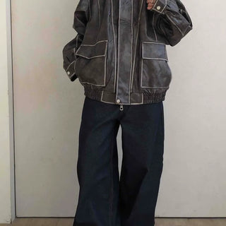 Stitch Detail Big Pocket Rider Faux Leather Jacket