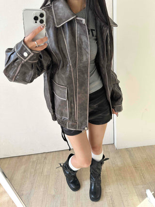 Stitch Detail Big Pocket Rider Faux Leather Jacket