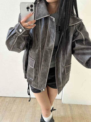 Stitch Detail Big Pocket Rider Faux Leather Jacket
