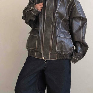 Stitch Detail Big Pocket Rider Faux Leather Jacket