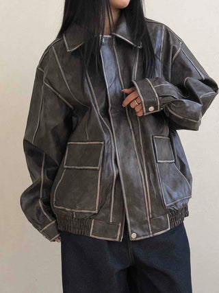 Stitch Detail Big Pocket Rider Faux Leather Jacket