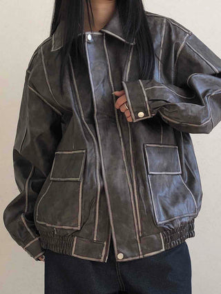 Stitch Detail Big Pocket Rider Faux Leather Jacket