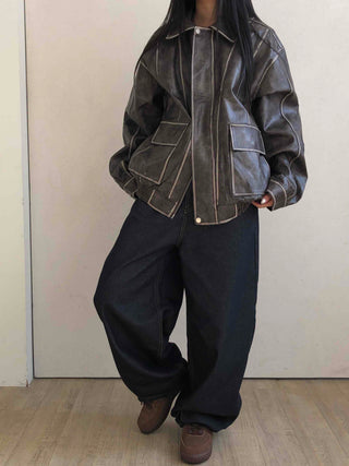 Stitch Detail Big Pocket Rider Faux Leather Jacket