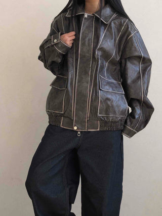Stitch Detail Big Pocket Rider Faux Leather Jacket