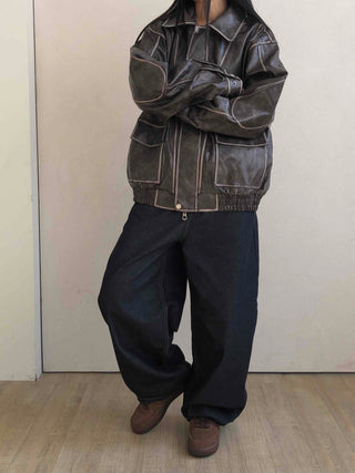 Stitch Detail Big Pocket Rider Faux Leather Jacket