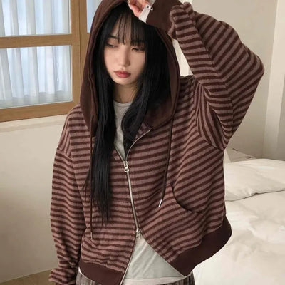 Vintage Striped Loose Fit Zip-Up Hoodie