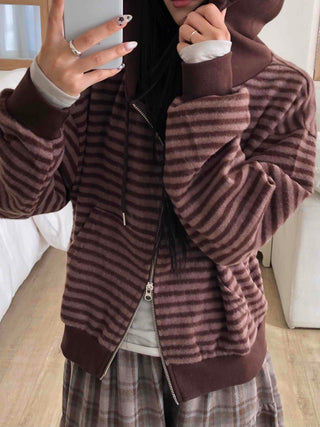 Vintage Striped Loose Fit Zip-Up Hoodie