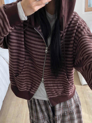 Vintage Striped Loose Fit Zip-Up Hoodie