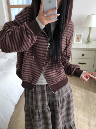 Vintage Striped Loose Fit Zip-Up Hoodie