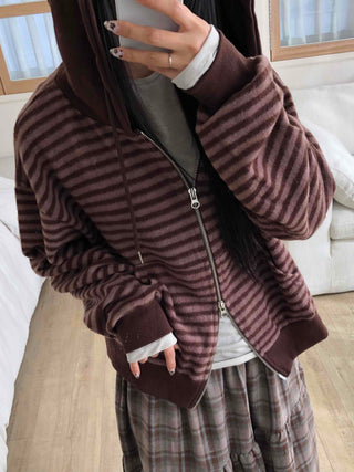 Vintage Striped Loose Fit Zip-Up Hoodie