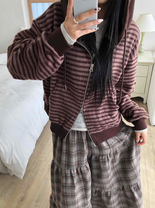 Vintage Striped Loose Fit Zip-Up Hoodie
