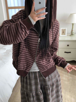 Vintage Striped Loose Fit Zip-Up Hoodie