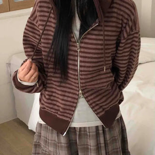 Vintage Striped Loose Fit Zip-Up Hoodie