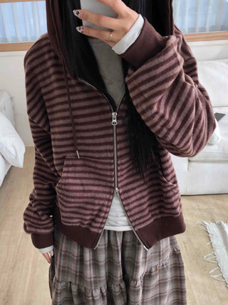 Vintage Striped Loose Fit Zip-Up Hoodie