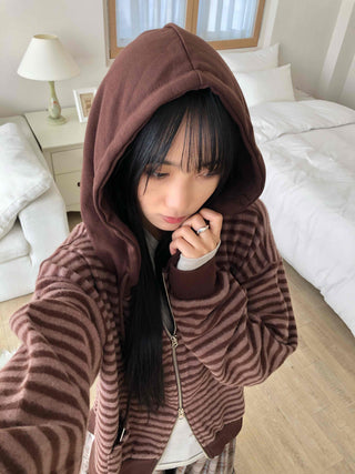 Vintage Striped Loose Fit Zip-Up Hoodie