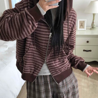 Vintage Striped Loose Fit Zip-Up Hoodie