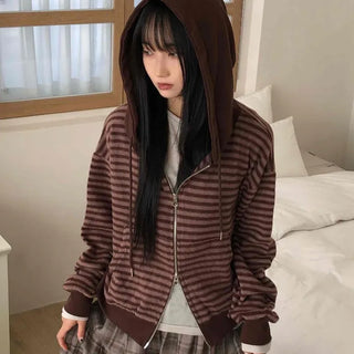Vintage Striped Loose Fit Zip-Up Hoodie