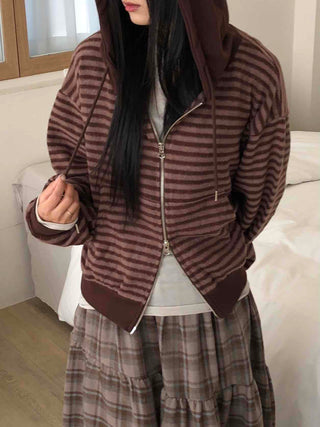 Vintage Striped Loose Fit Zip-Up Hoodie