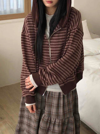Vintage Striped Loose Fit Zip-Up Hoodie