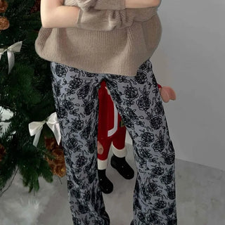 Rose Pattern Semi-Wide Elastic Waist Straight Pants