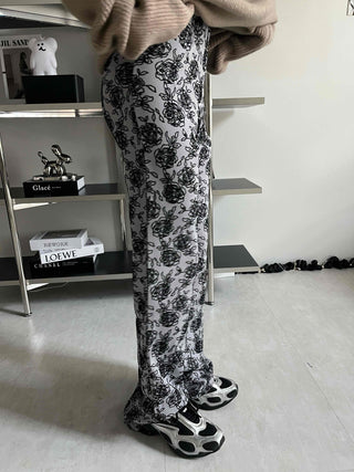 Rose Pattern Semi-Wide Elastic Waist Straight Pants
