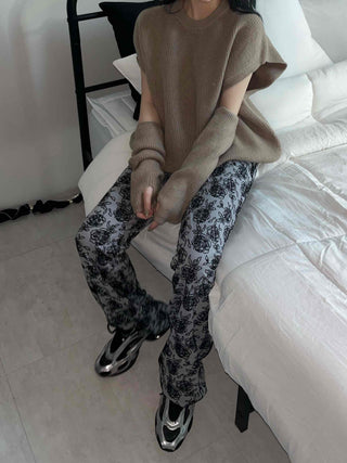 Rose Pattern Semi-Wide Elastic Waist Straight Pants