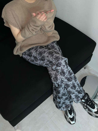 Rose Pattern Semi-Wide Elastic Waist Straight Pants