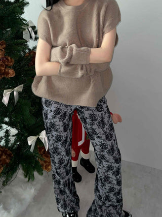 Rose Pattern Semi-Wide Elastic Waist Straight Pants