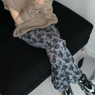 Rose Pattern Semi-Wide Elastic Waist Straight Pants
