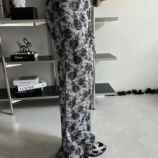 Rose Pattern Semi-Wide Elastic Waist Straight Pants