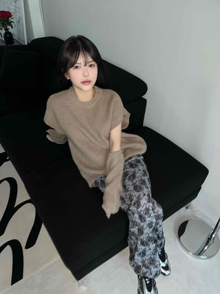 Rose Pattern Semi-Wide Elastic Waist Straight Pants