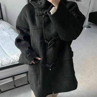Stand Collar Hooded Single Button Oversized Long Duffle Coat