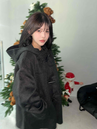 Stand Collar Hooded Single Button Oversized Long Duffle Coat