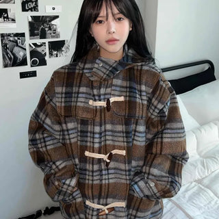 Vintage Check Oversized Wool Blend Toggle Duffle Coat