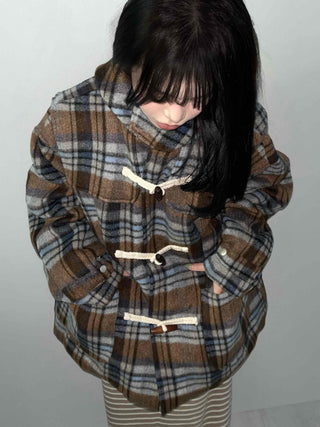 Vintage Check Oversized Wool Blend Toggle Duffle Coat